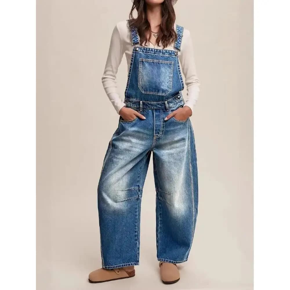 Tuta in denim da donna, jumpsuit casual a gamba larga stile streetwear di tendenza, jeans in denim molto slavato
