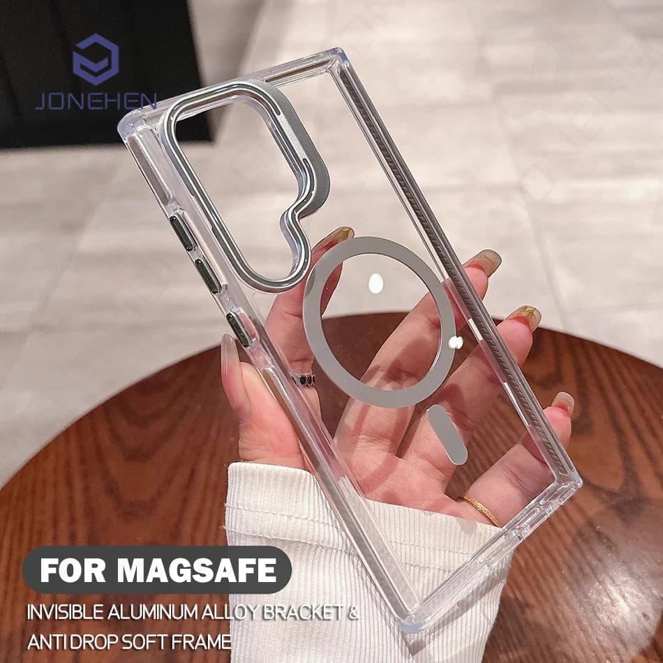 Per Magsafe Custodia trasparente con supporto nascosto per Samsung Galaxy S25 S24 Ultra S23 Plus Telaio antiurto Cover di ricarica wireless magnetica