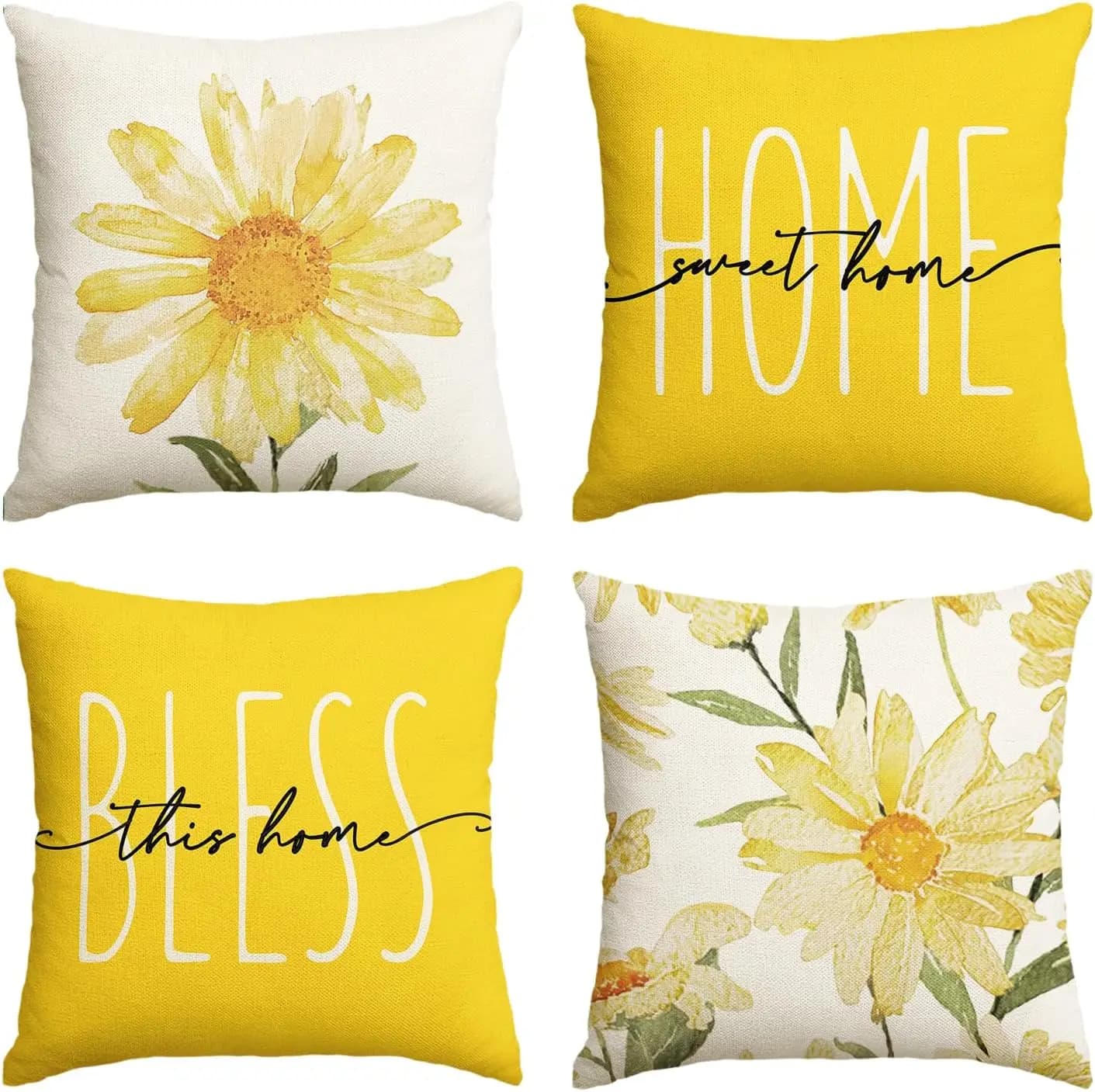 4 fodere per cuscini floreali per la casa, con margherite gialle brillanti e scritta 'Bless This Home', per divano, soggiorno, camera da letto, decorazioni per la casa