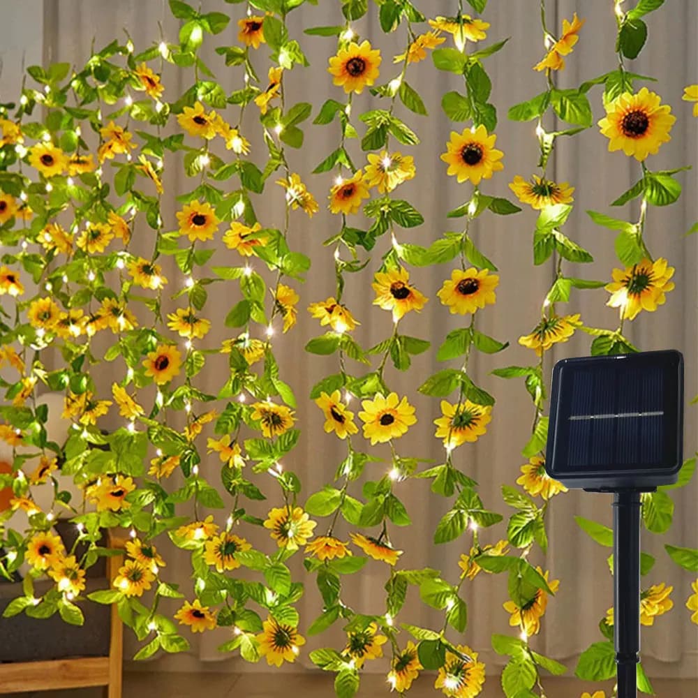 2/5/10M Solar Sunflower Light String Fairy Lamp for Outdoor 8 Mode Artificial Plant Sheet for Wedding Camping Garden Fence Decoration