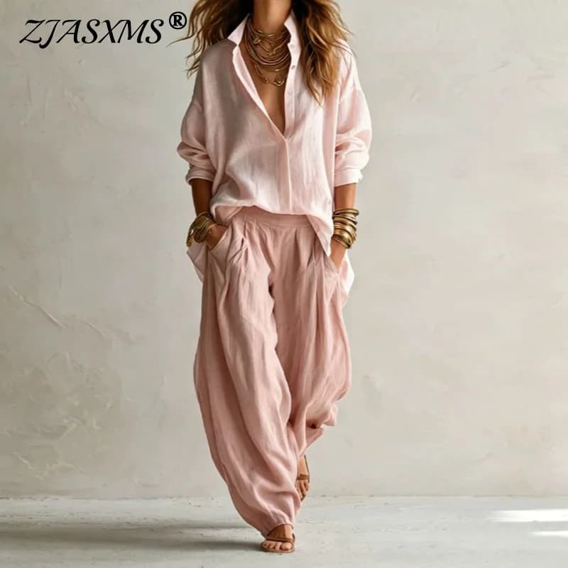 Vintage Two Piece Sets Women Loose Turn Down Collar Blouse High Waist Pocket Wide Leg Trousers Outfits Casual Travel Beach Suits