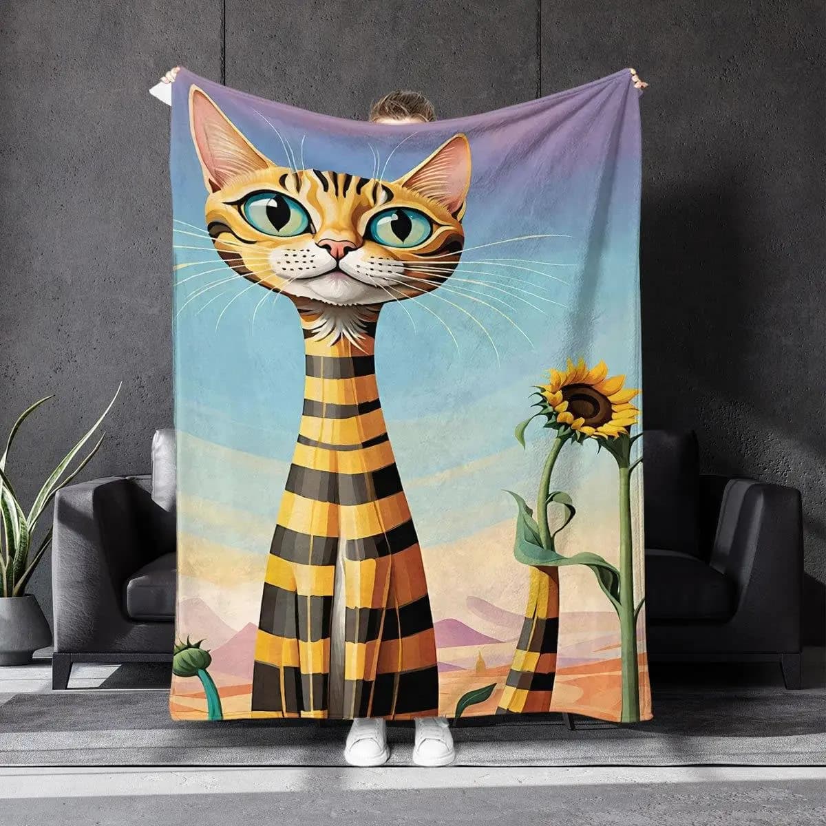 Coperta stampata in flanella con motivo gatto e girasole adatta a tutte le stagioni adatta per divano da ufficio e viaggi nel soggiorno