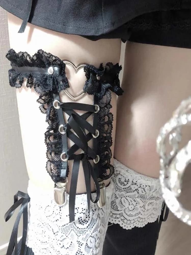 New Handmade Lace Leg Ring Garter Belt Lolita Accessory Japanese Gothic Ribbon Buckle Lace Heart Shaped Leg Decoration Y2K