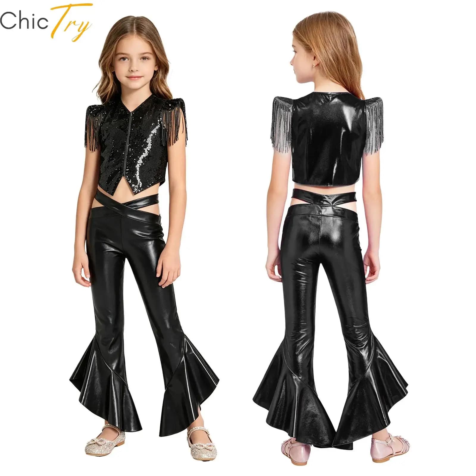 Completo da ballo jazz per bambine, vestito da ballerina con paillettes e gilet metallizzato con pantaloni a zampa e volant per pattinaggio artistico e gala