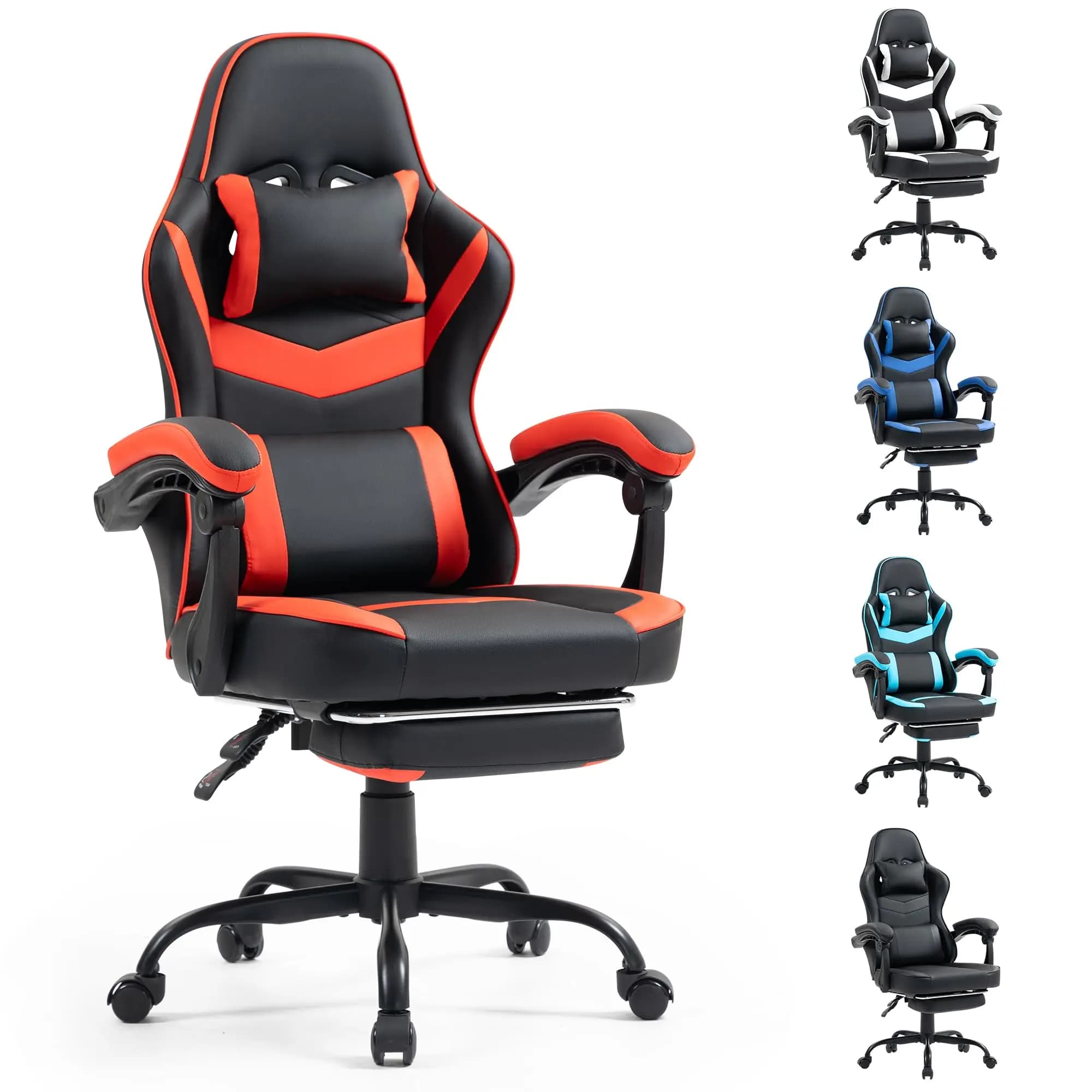Sedia da gaming in similpelle PU con schienale alto, poggiapiedi regolabile e cuscino lombare per adulti