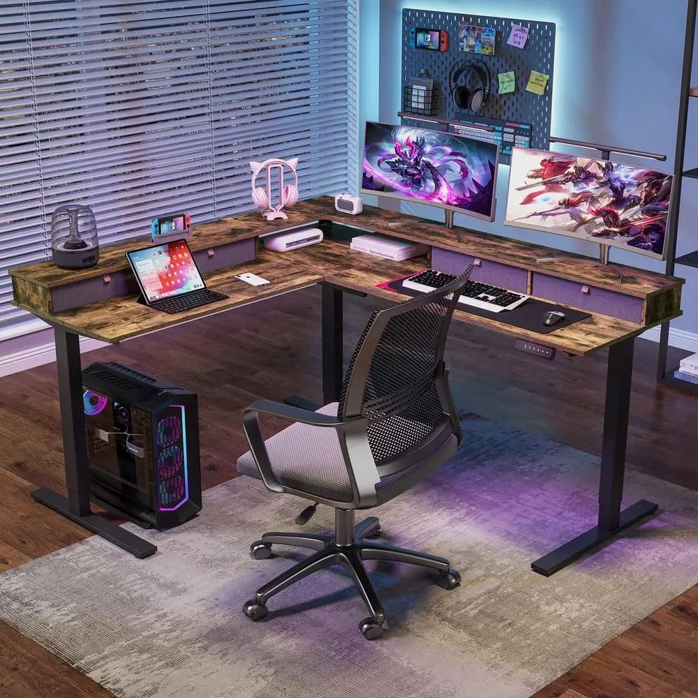 Scrivania ad angolo a L da 71 pollici con 4 cassetti, scrivania regolabile in altezza, scrivania da gaming ad angolo con supporto per monitor, telaio nero R