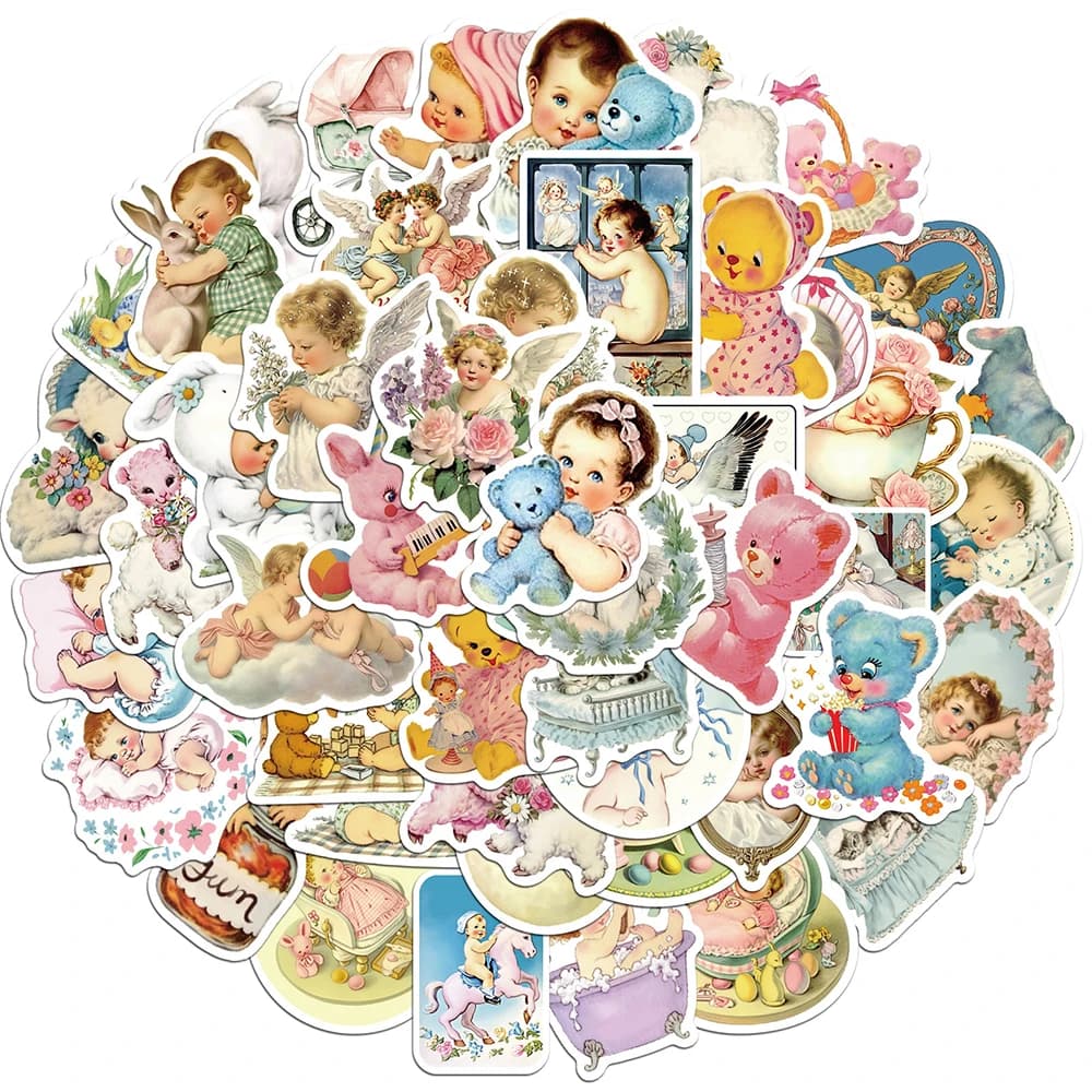 10/30/50pcs Retro Baby and Bear Graffiti Stickers Cartoon Pink Aesthetic Decals Water Bottle Luggage Phone Sticker for Kids Toy