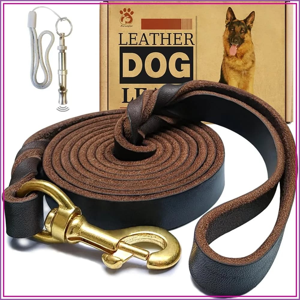 Genuine Leather Dog Leash 6ft x 3/4in, Strong Heavy Duty Braided Training Leash for Large Medium Small Dogs (Brown)