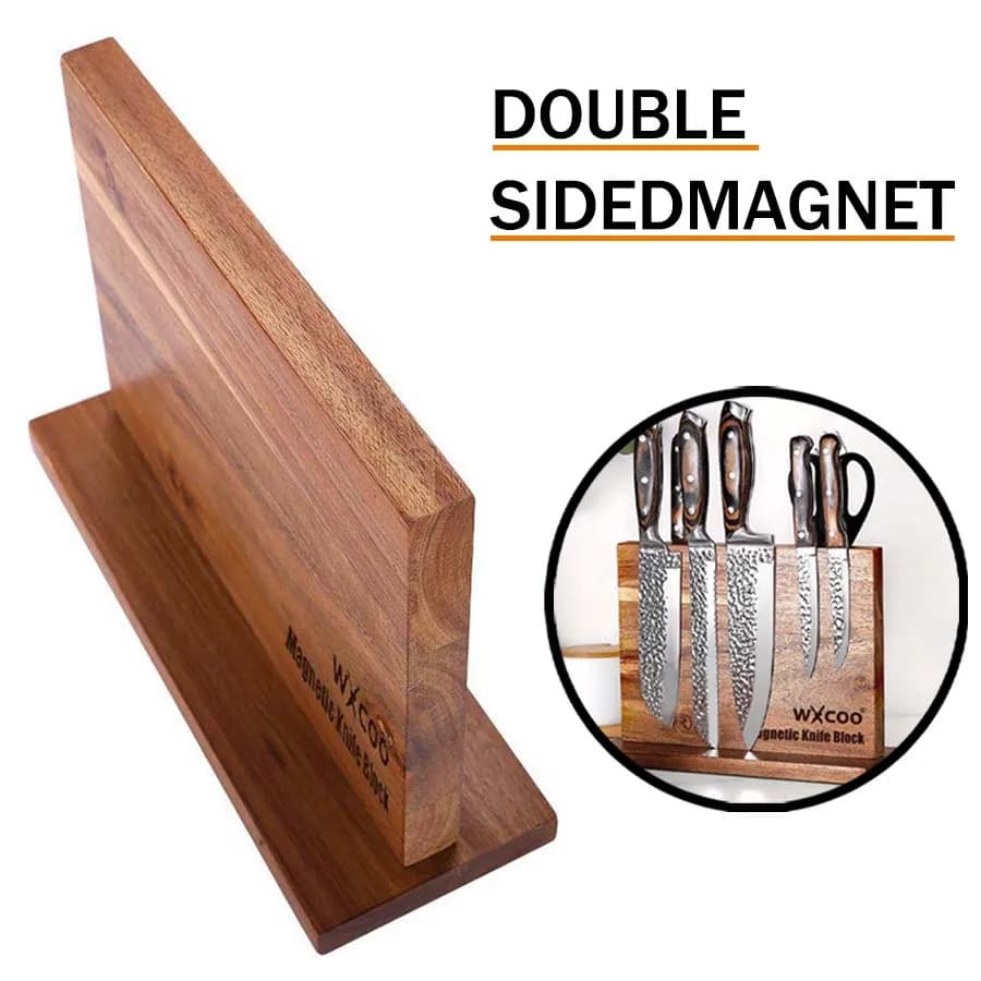 Magnetic knife holder in Double Face Wood with Potentiated Magnets and Integrated Sharpeners