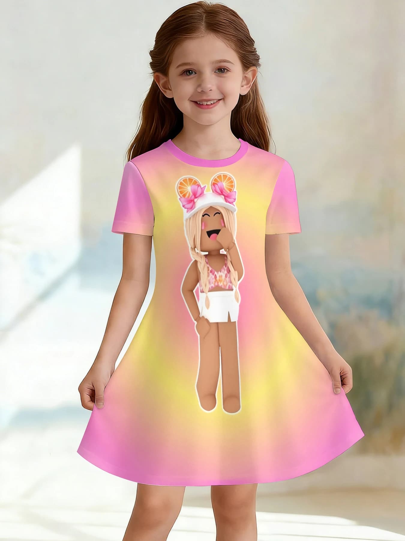 robox: Abito a girocollo 3D per ragazze, stile anime mecha, stampa color block rosa, perfetto per feste e regali di compleanno.