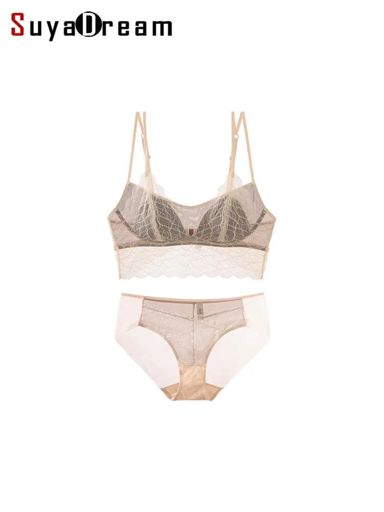 SuyaDream, Set reggiseno donna in pizzo, Fodere in vera seta, Coppa sottile, Senza ferretto, Biancheria intima trasparente a rete, Intimo accogliente 2025