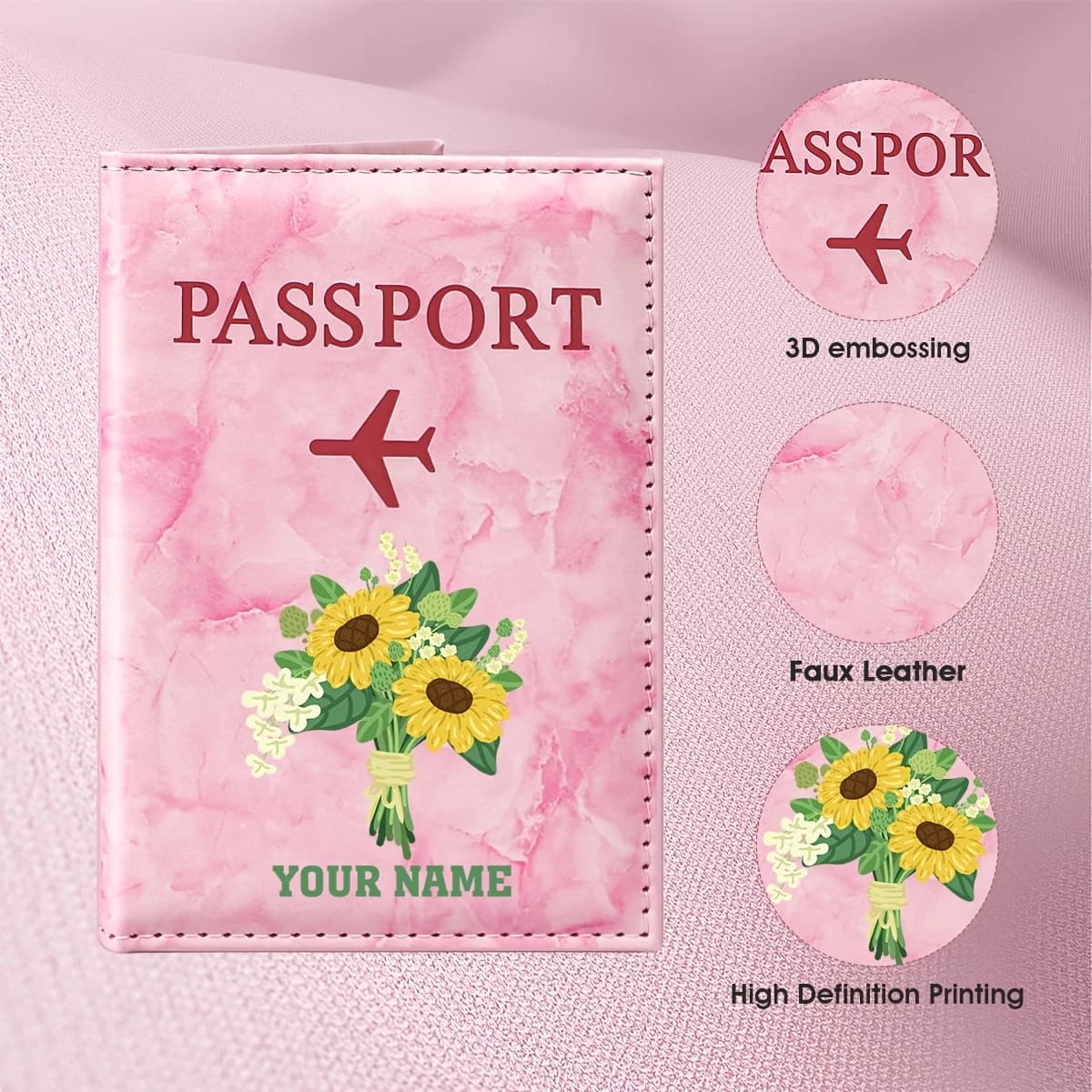 Custom Name Sunflower Passport Holder - PU Travel Book with Name Engraving, Durable Passport Case for, Wedding, Christmas, Gifts