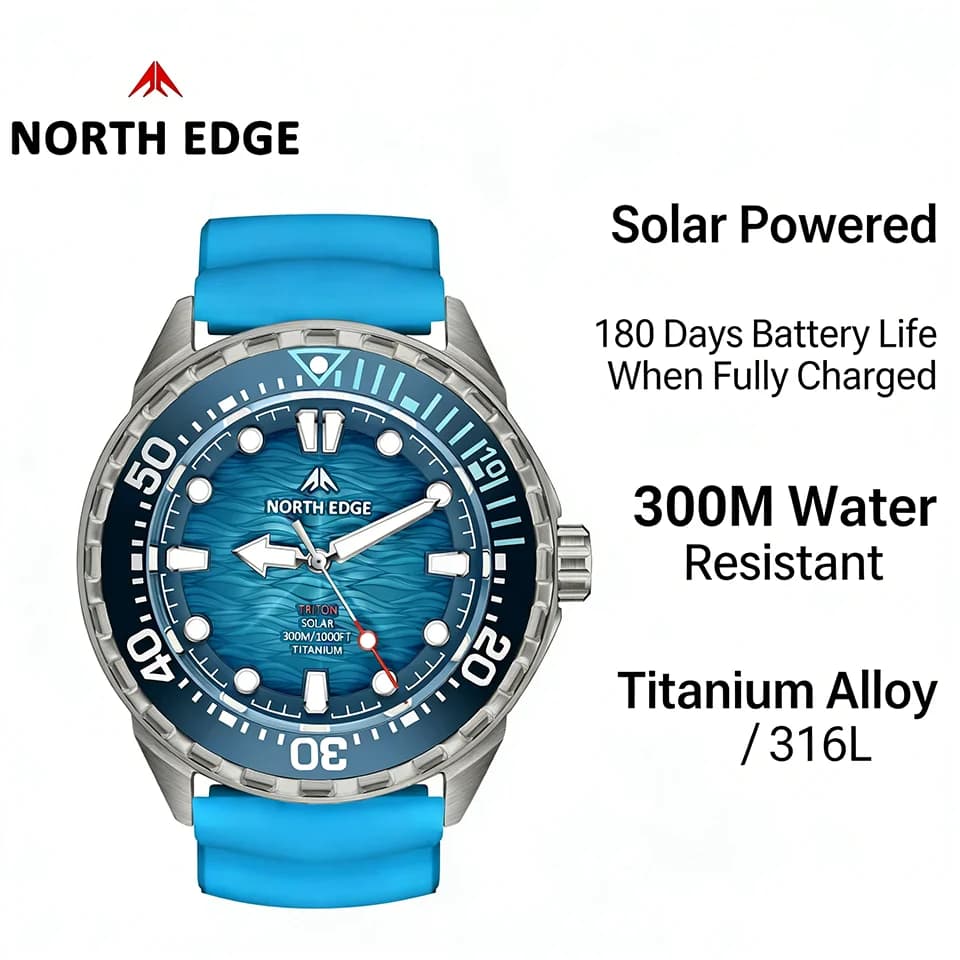 Nuovo Orologio Subacqueo NORTH EDGE TRITON 2026 a Energia Solare, Orologi al Quarzo di Lusso per Uomo, Cassa in Acciaio Inossidabile 316L, Impermeabile 300M