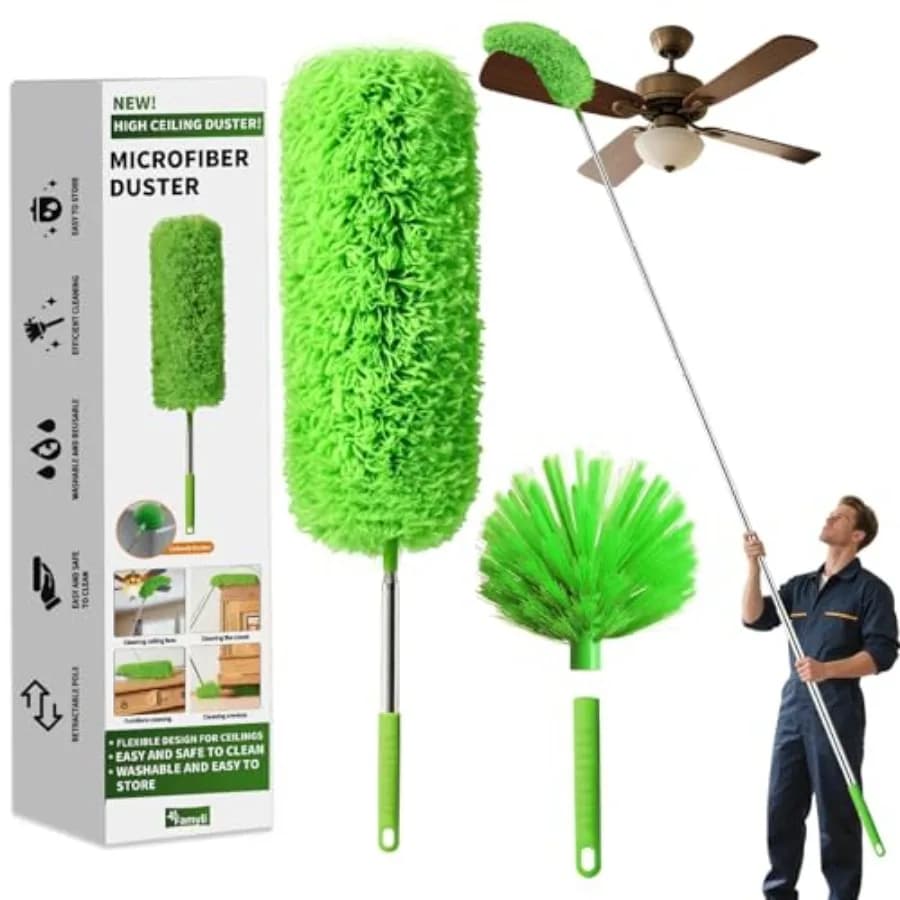 Cobweb Duster with Extension Pole, Washable Cleaning Duster Set with 2 Duster Heads, Corner Brush, 15-110-Inch Telescoping Pole