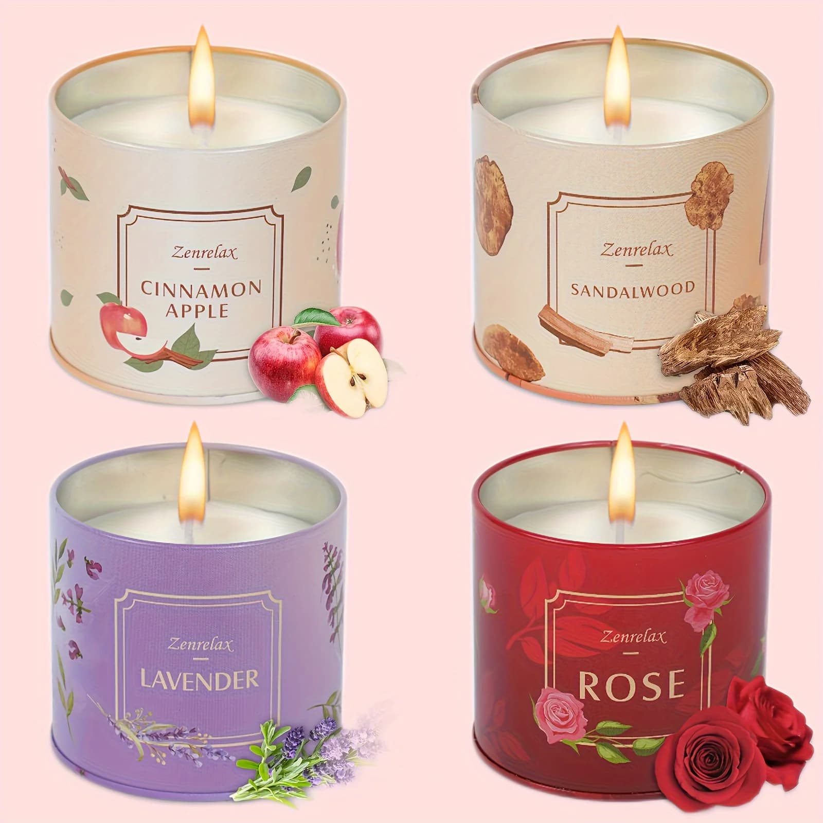 Set di Candele Profumate da 30oz per Donne - Fragranze di Rosa, Sandalo, Cannella, Mela e Lavanda in Barattolo di Metallo - Perfetto