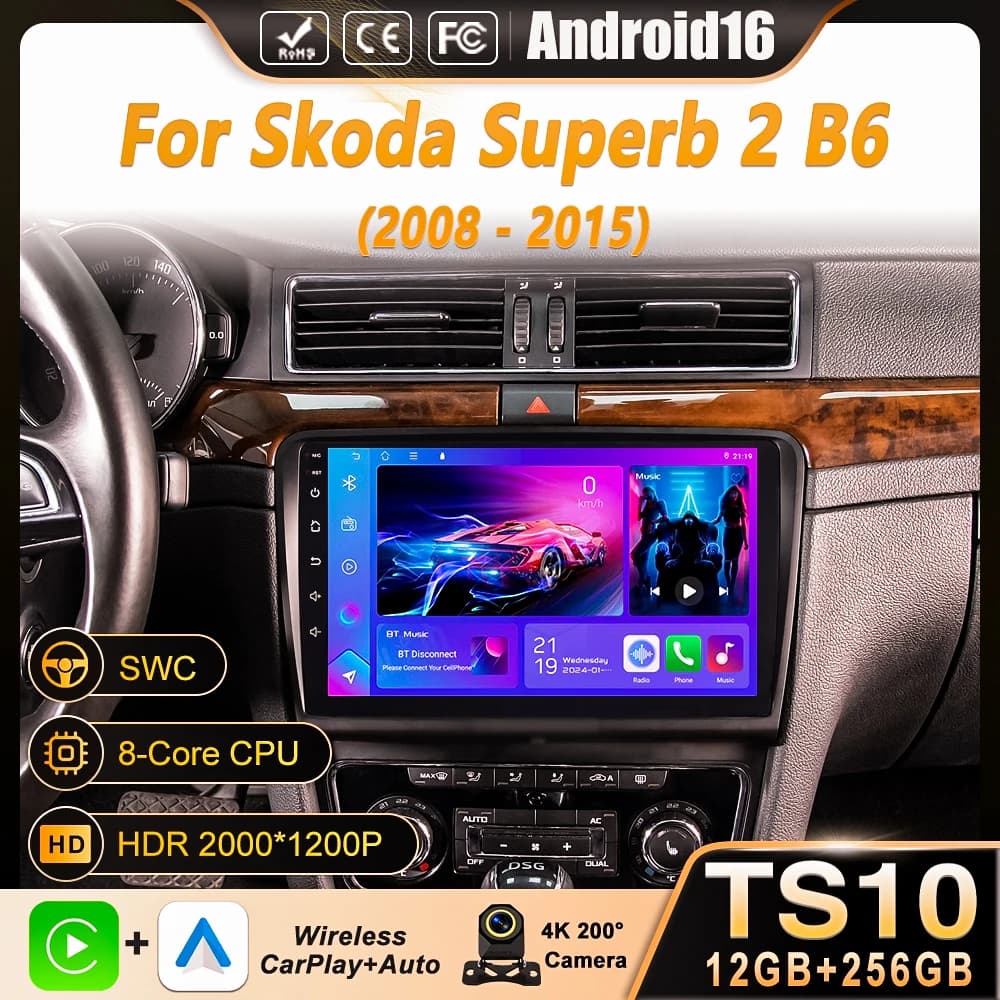 Autoradio Android 16 con Carplay per Skoda Superb 2 B6 2008-2015, Lettore Multimediale con WIFI+4G e DSP Stereo