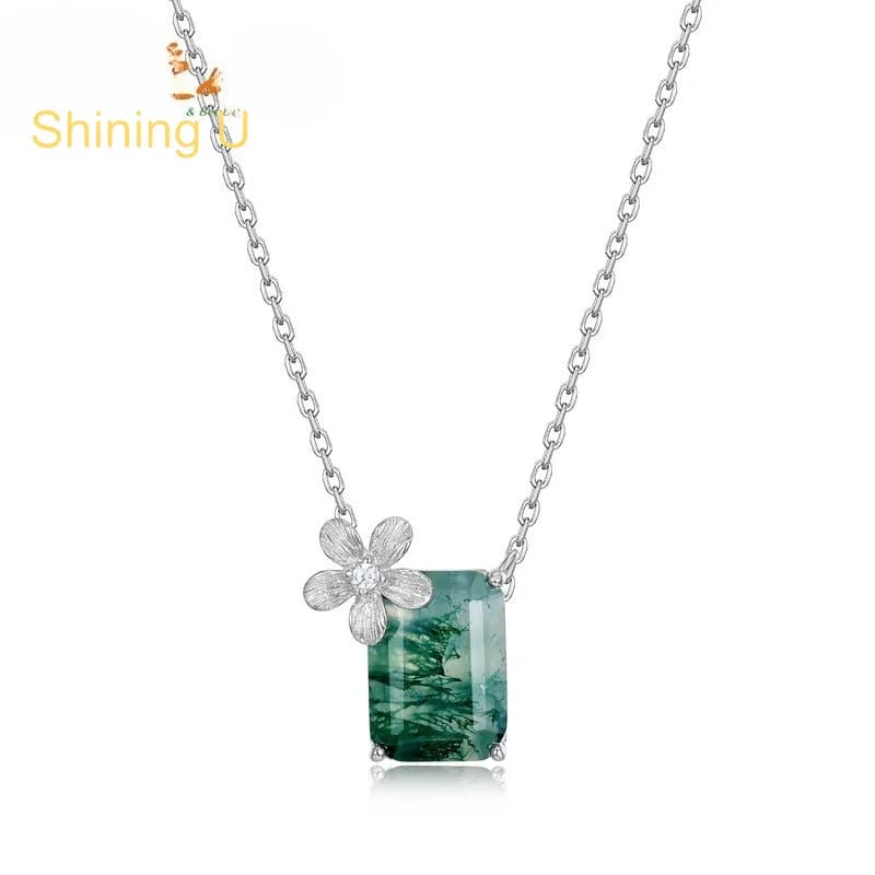 Shining U 925 Sterling Silver 12*14mm Rectangle floral Green Stone Necklace for Women Fine Jewelry Summer
