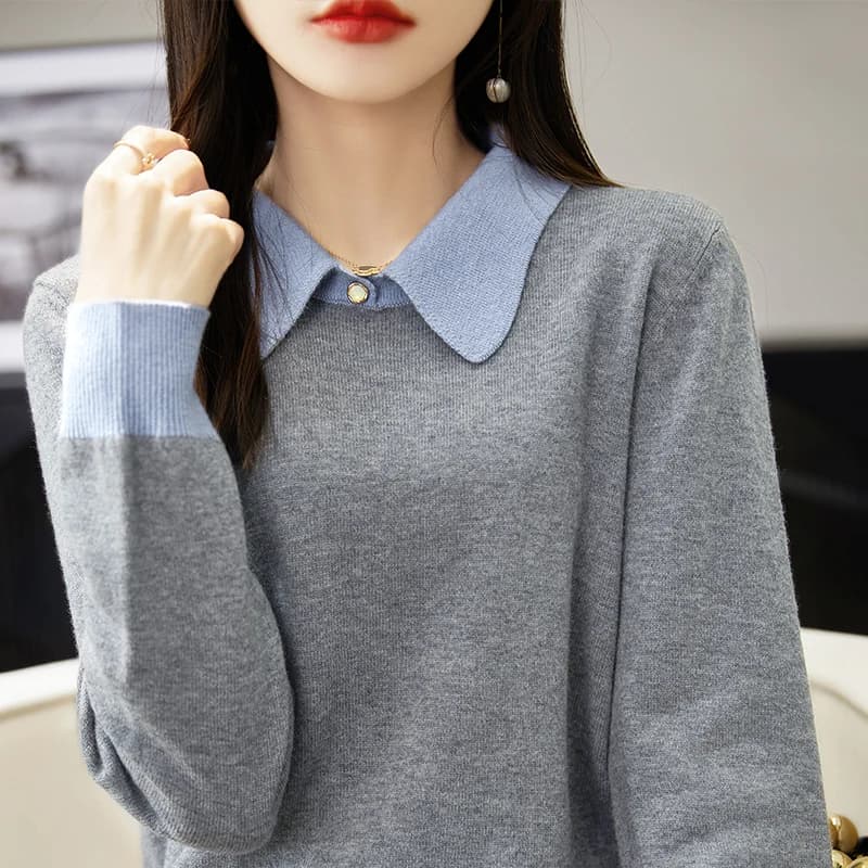 Pullover in maglia di lana Merino 100% da donna 2022 autunno inverno maglione con colletto a POLO femminile allentato caldo morbido maglione a maniche lunghe