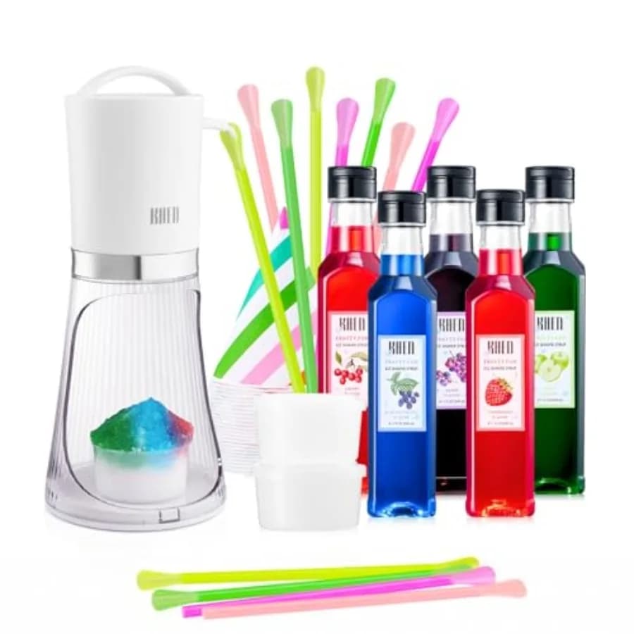 Set Regalo Snow C hine: Kit Elettrico per Ghiaccio Tritato e 5 Gusti di Sciroppo - Con 25 Cucchiaini, 25 Cannucce e 4 Stampi per Ghiaccio per Dessert Zen
