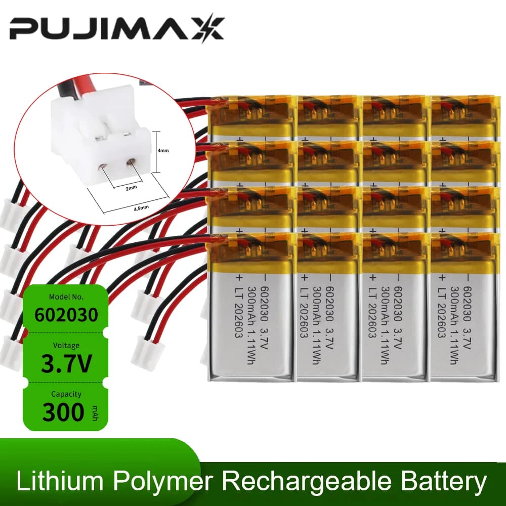 PUJIMAX 602030 Batteria Ricaricabile al Litio 300mAh 3.7V, Batteria ai Polimeri di Litio per Cuffie Bluetooth, Altoparlanti, Monitor, Self-Timer