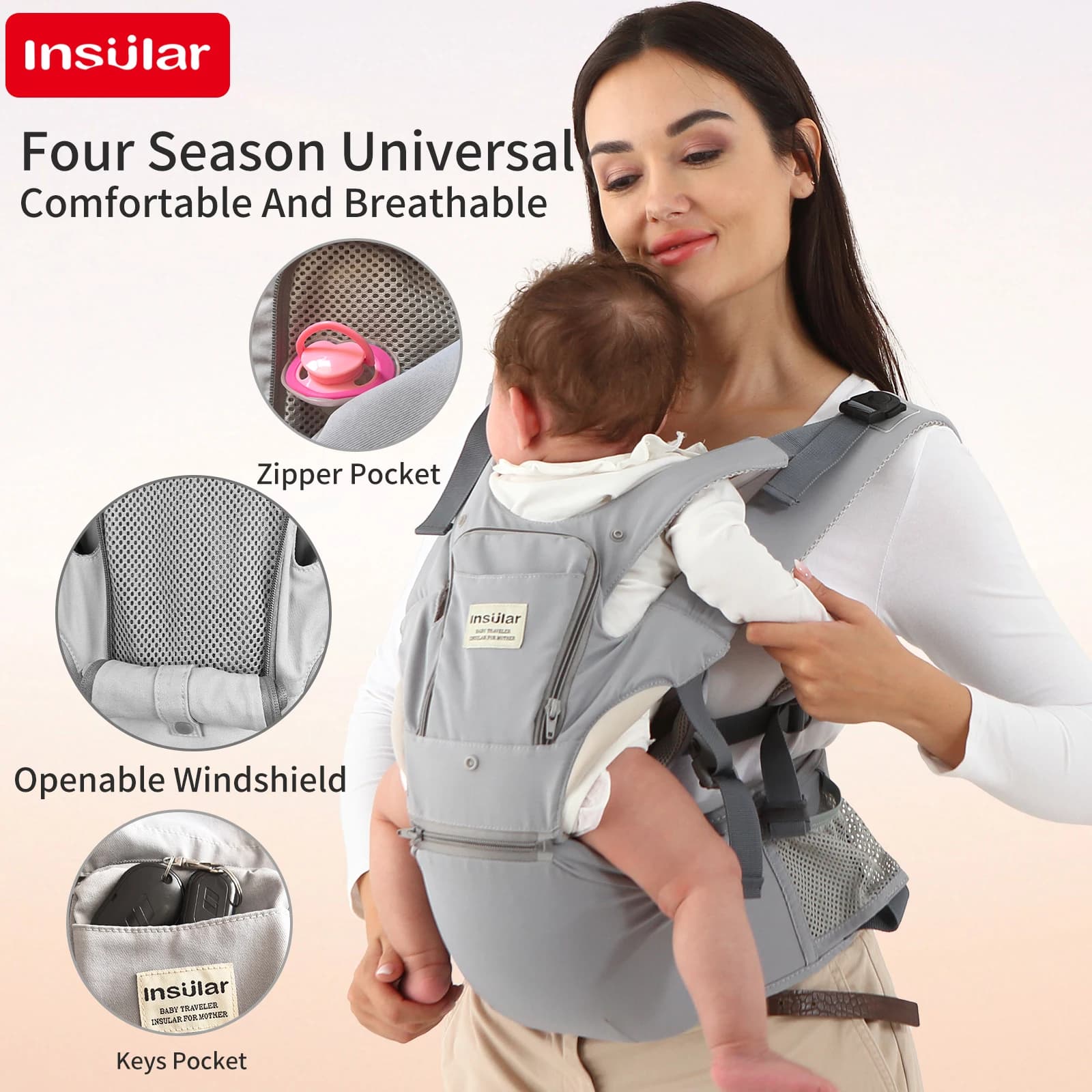 Marsupio Frontale per Neonati con Seduta Ergonomica, Tasche Extra e Design Traspirante