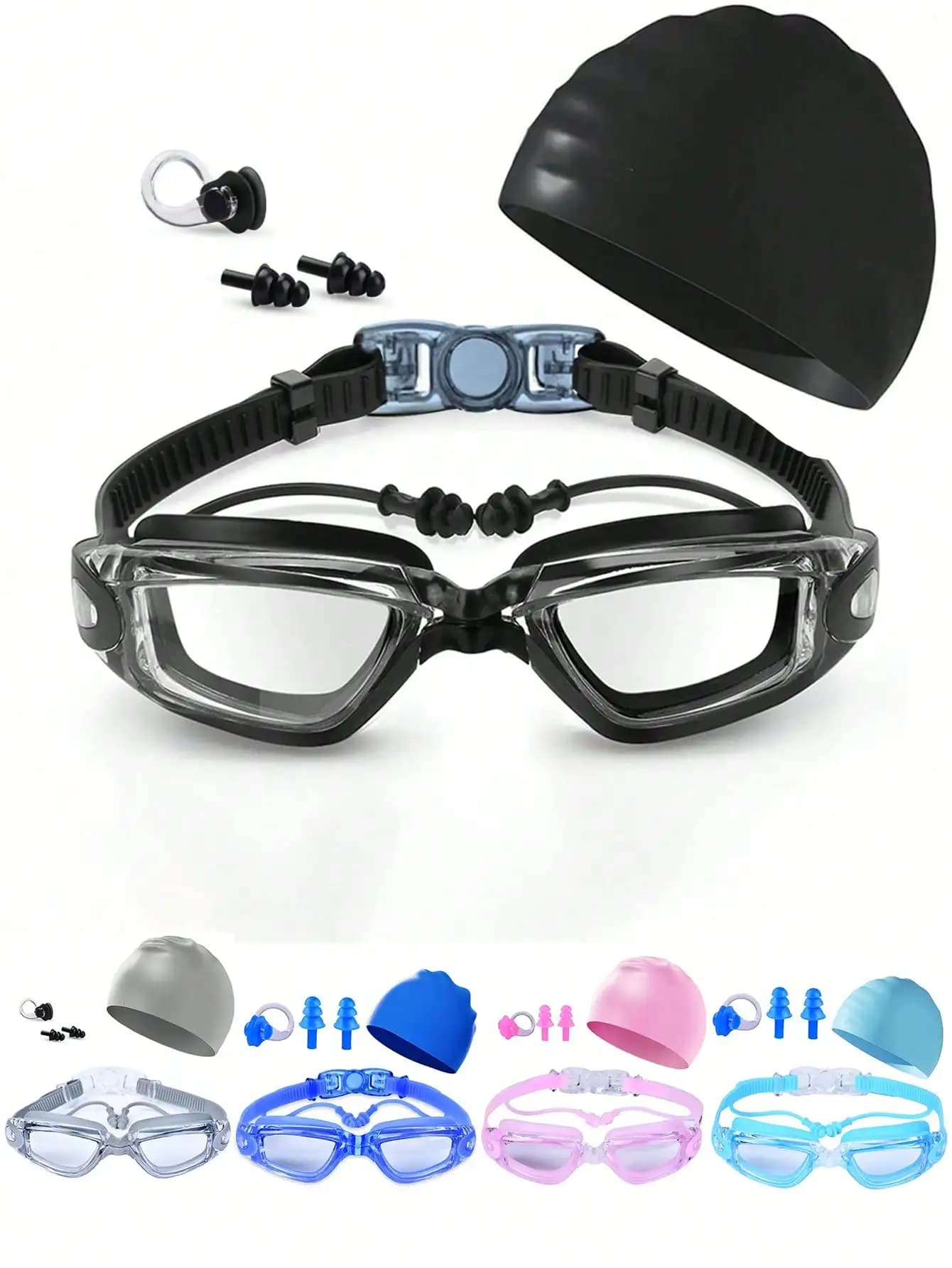 Occhialini da nuoto HD antiappannamento (4 pezzi) con tappi per le orecchie, montatura grande in morbido silicone, occhiali da nuoto abbinati a un comodo cappuccio da nuoto unisex