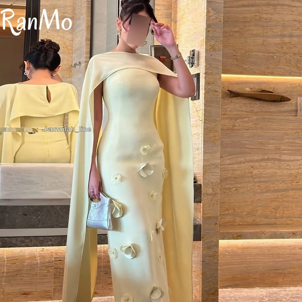Ranmo 2025 Abiti da sera eleganti a sirena giallo chiaro Scialle lungo Fiori 3D Dubai Abiti da cerimonia per feste personalizzati arabi