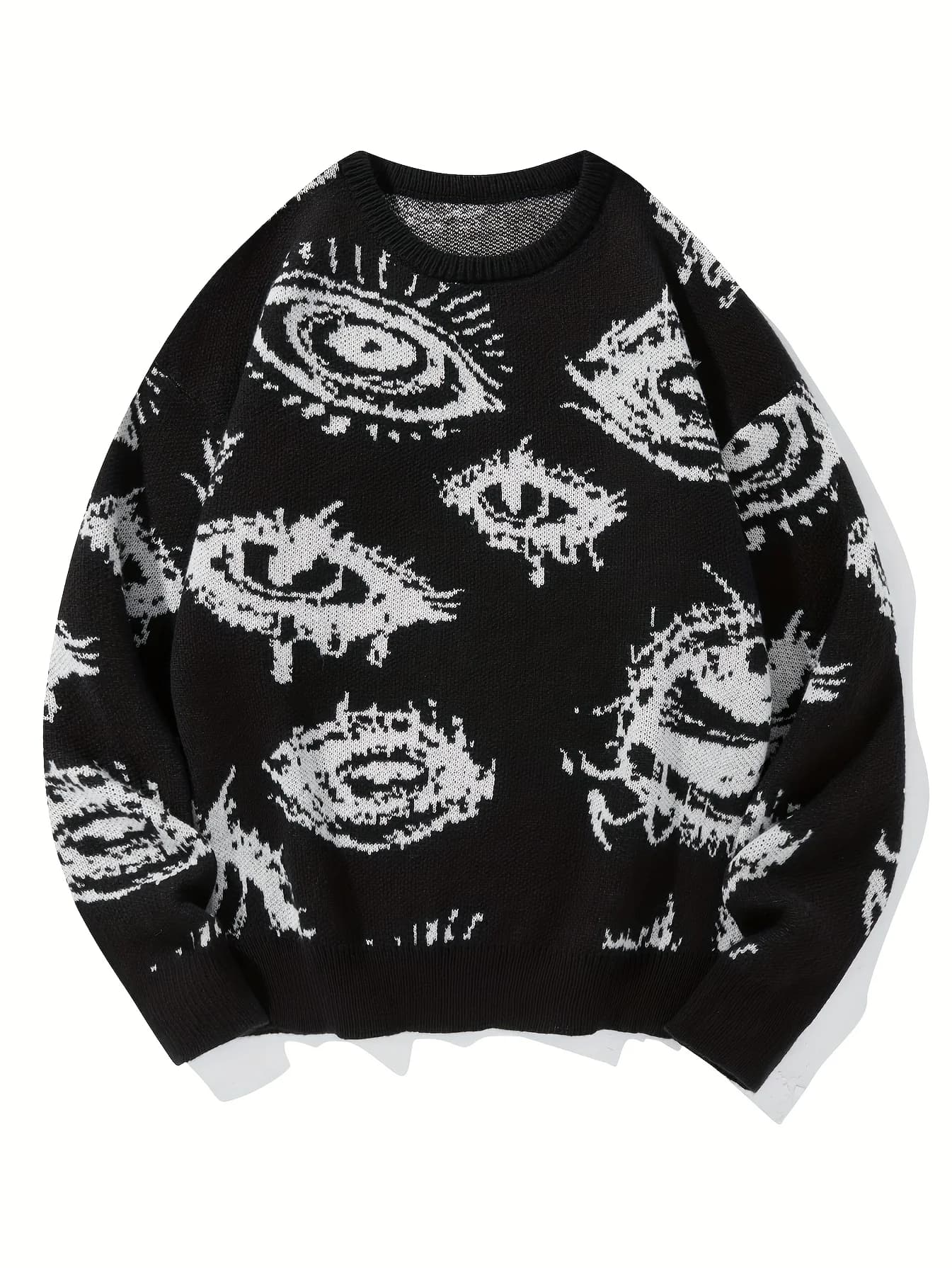 LVLAEA Camicia pullover in maglia da uomo, maglione jacquard a maniche lunghe con motivo occhi per l'inverno autunno casual e abbigliamento da salotto, anti-pillola