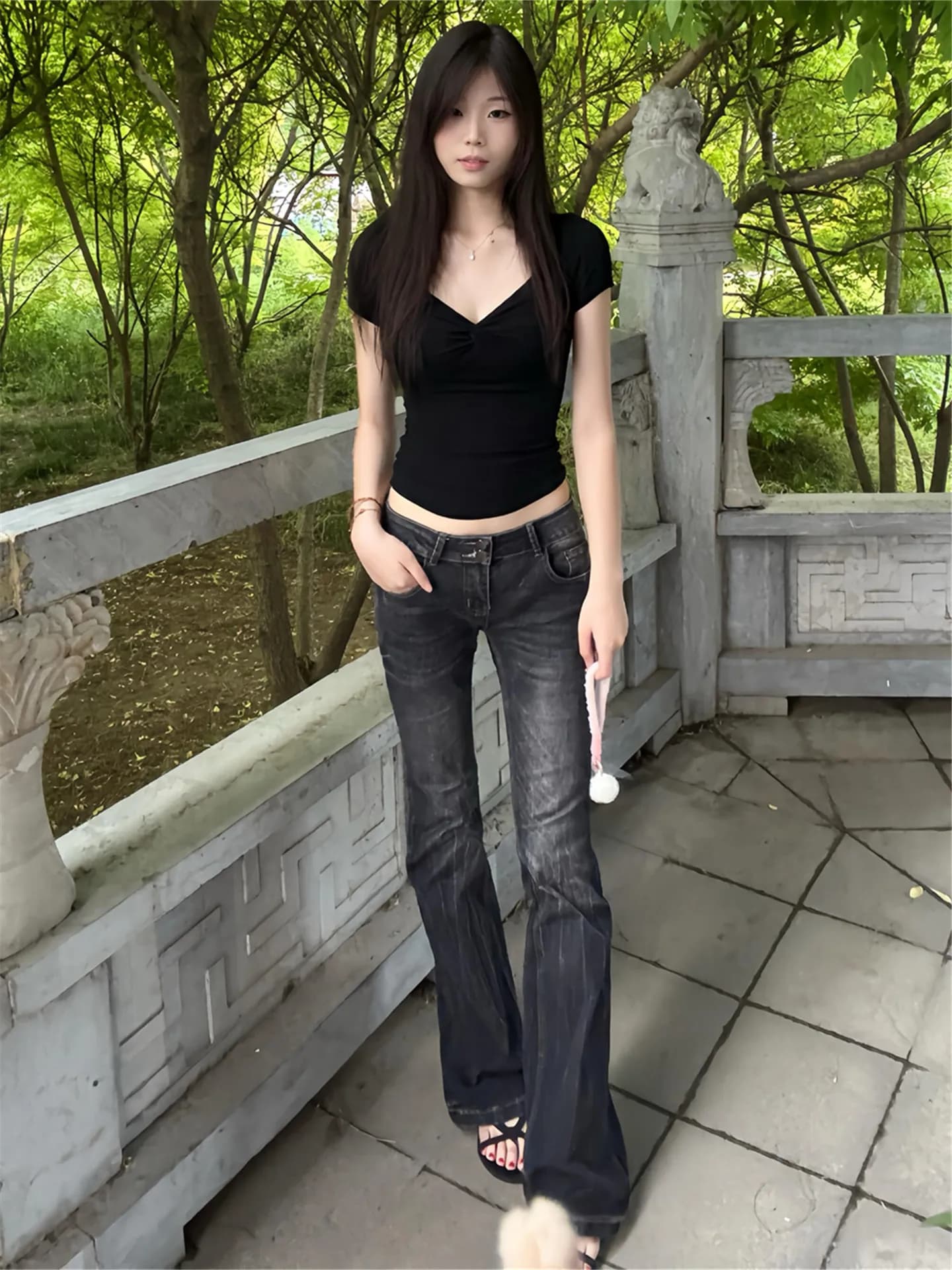 Extended Length Low Waist Bell Bottom Jeans Women's Summer Slimming Design Casual Floor Length Cotton Blend Bootcut Jeans