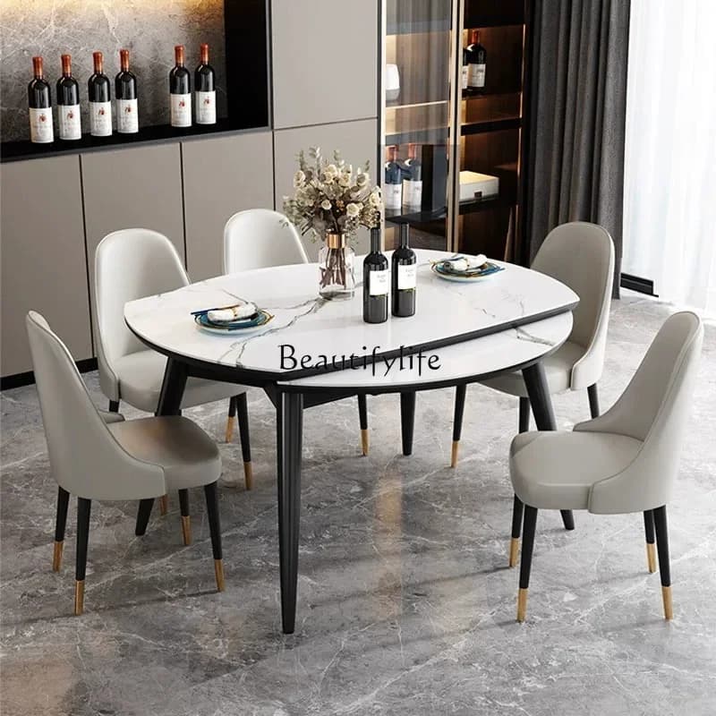 yj57 Italian rock slab dining table dining chair combination solid wood telescopic folding multi-functional variable round table