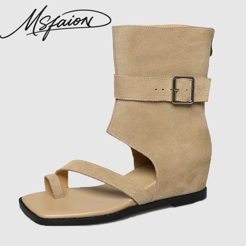 Stivaletti Donna Estivi 2026 con Tacco Nascosto, Slip-On in Pelle Scamosciata, Comodi Stivaletti Corti con Rialzo, Neri Kaki, Modello G100