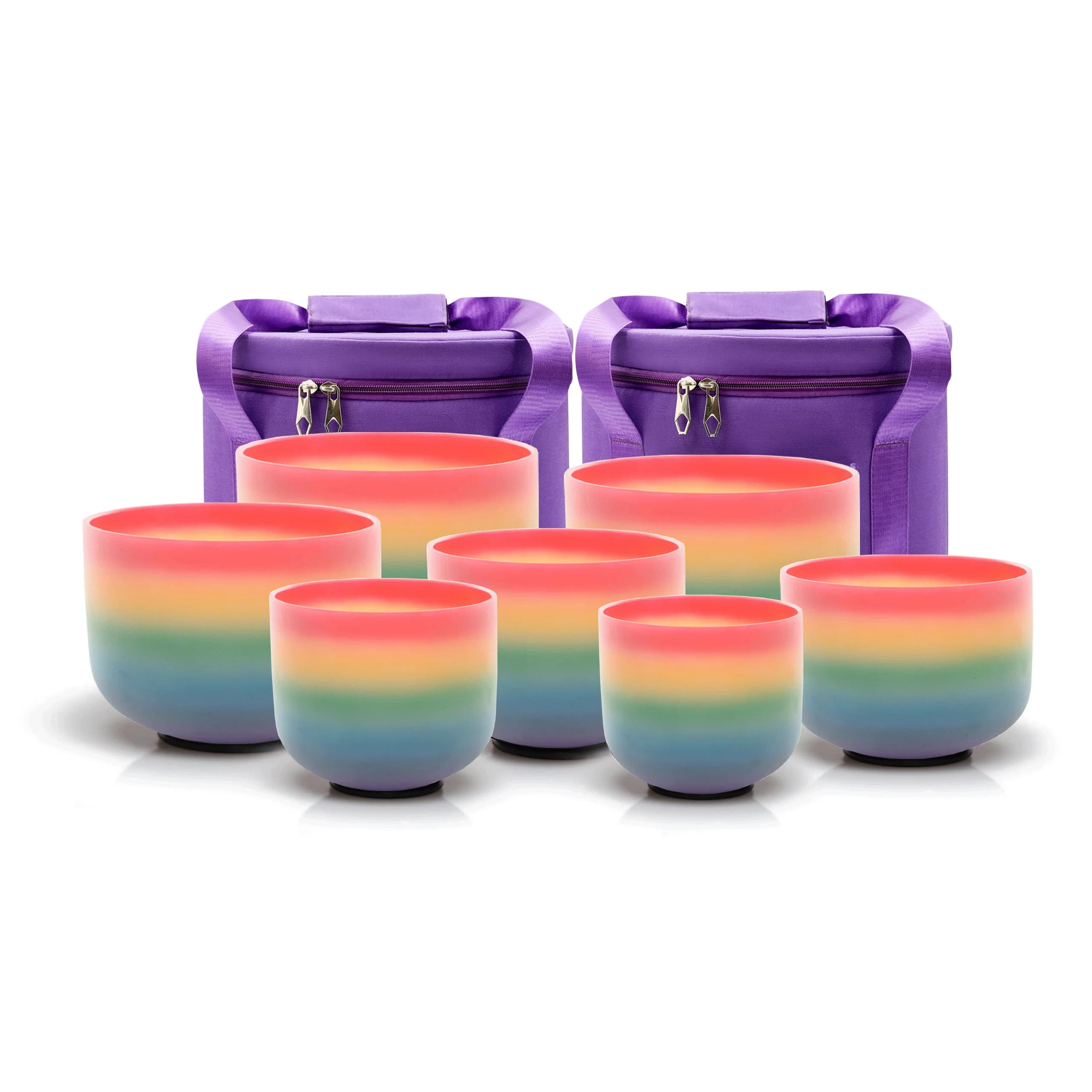 Hye-eun 440/432Hz Rainbow Sound Bowl Set of 7pcs Frosted Quartz Crystal Singing Chakra Bowl for Stress Relief Sound Healing