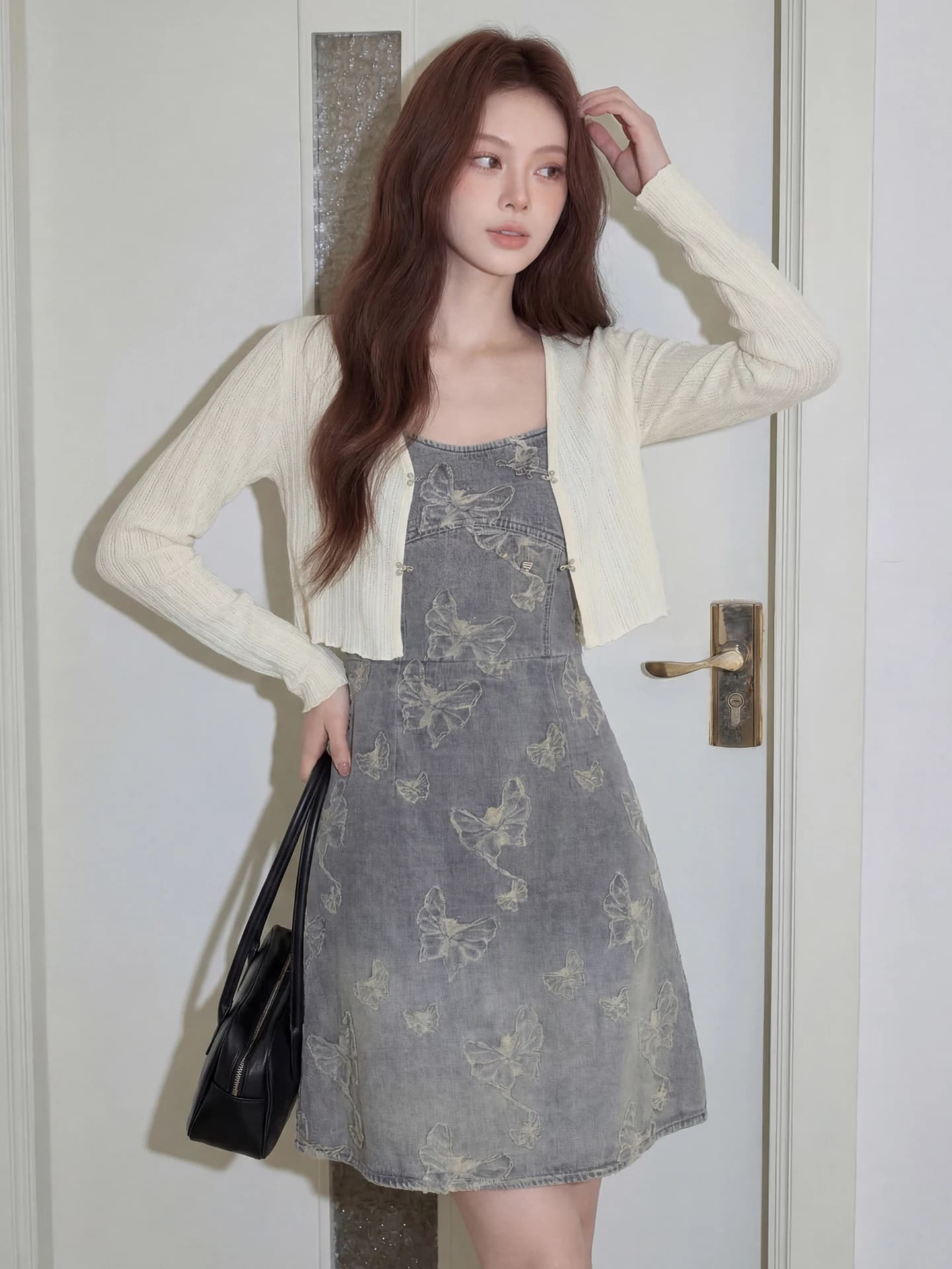 Summer New Women's Denim Halter Dress Embroidered Waist Cinching A-Line Skirt with Open Cardigan Set Soft Non-deformable