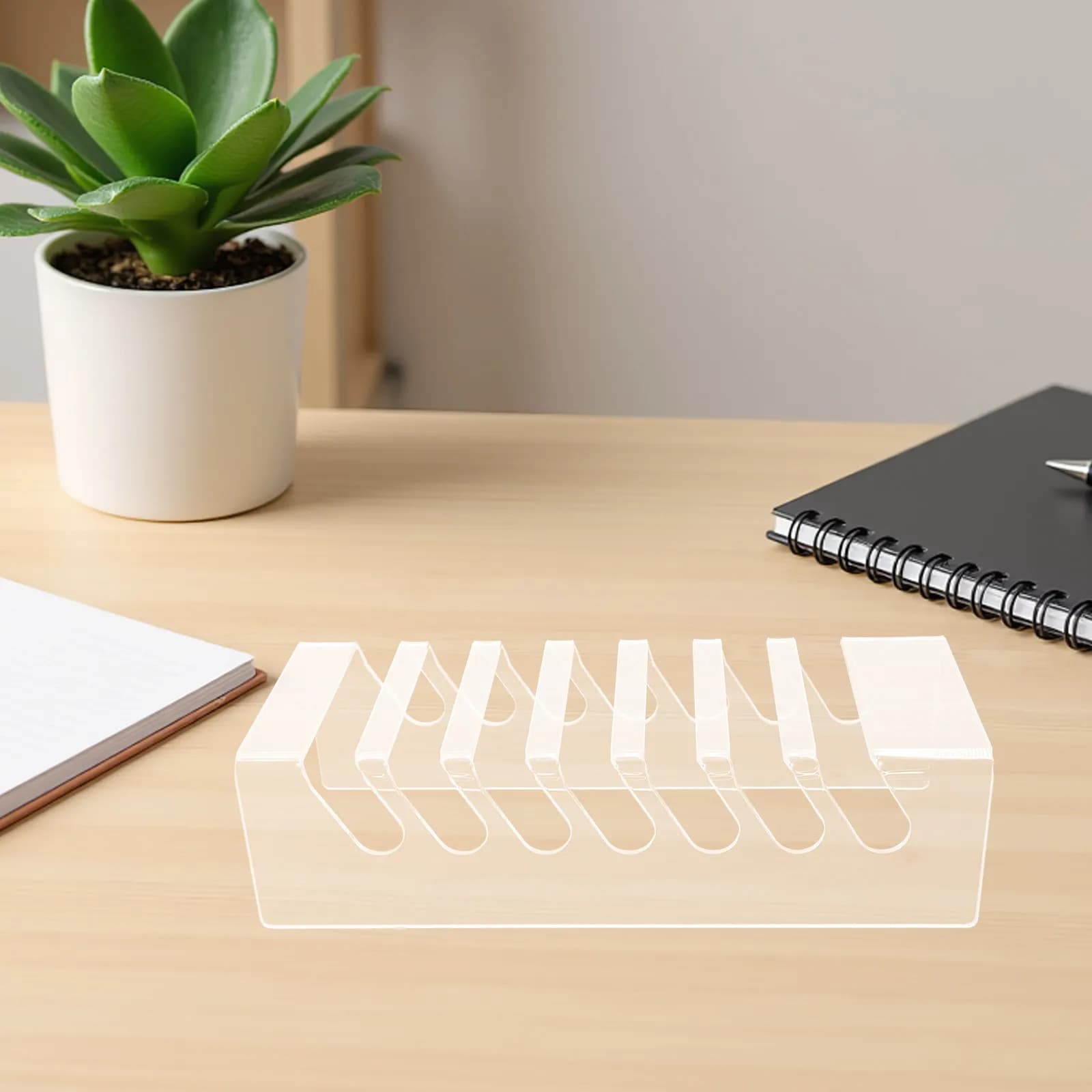 Organizzatore da Scrivania in Acrilico con 7 Scomparti, Supporto Trasparente per Smartphone e Tablet, Scatola Portaoggetti per Postazione di Lavoro