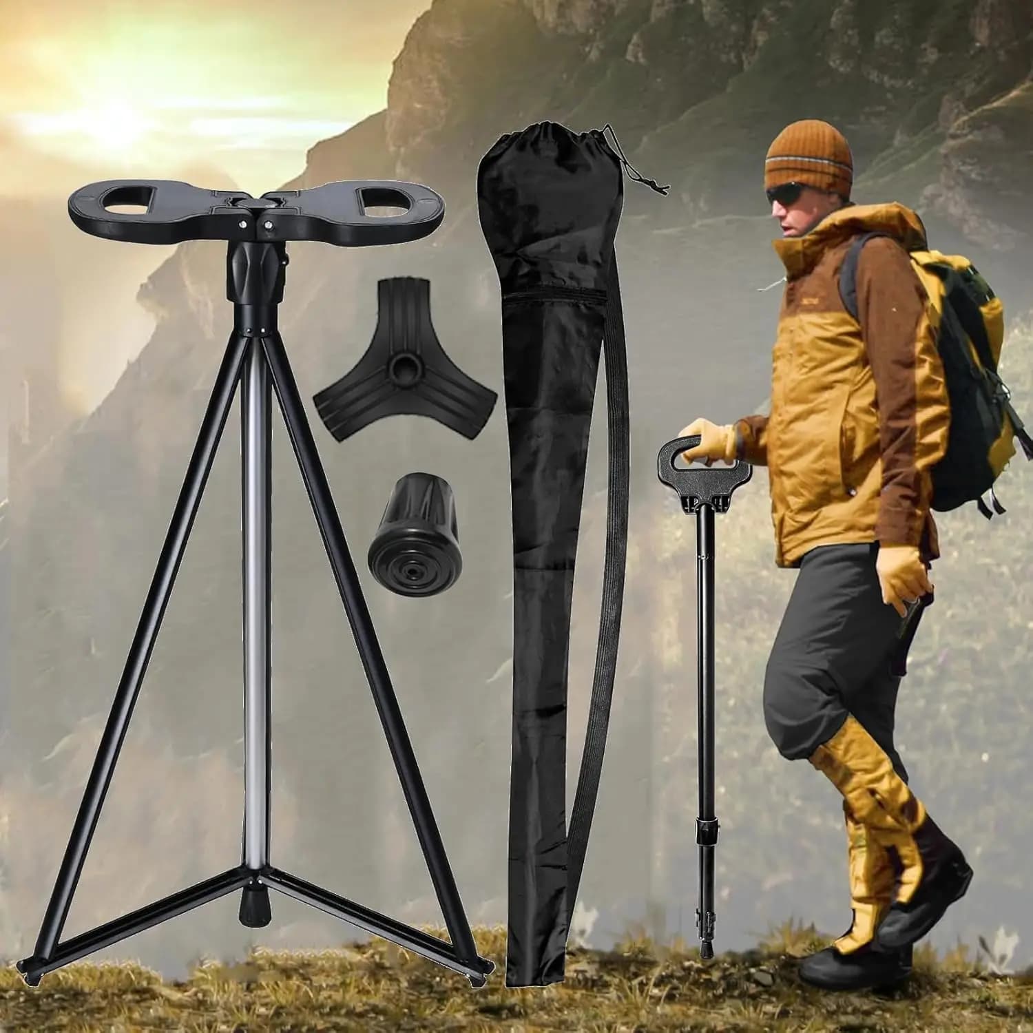 Foldable walking stick 2 in 1 with seat, lightweight aluminum trekking poles for older men and women, portable camping chair for Ou
