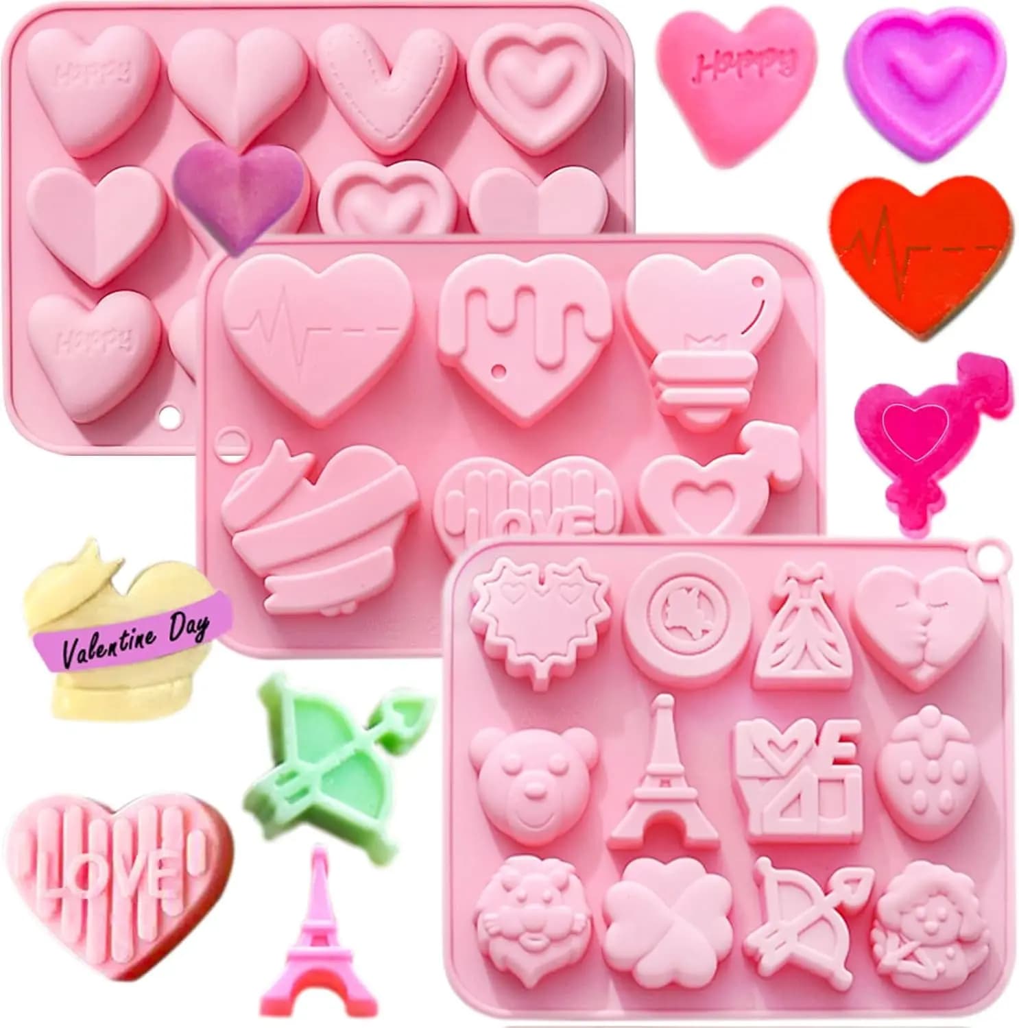 Confezione da 3 stampi in silicone per San Valentino, stampi a forma di cuore, stampi per sapone in silicone per gelatina di cioccolato, cubetti di ghiaccio, budino, mousse, caramelle, biscotti