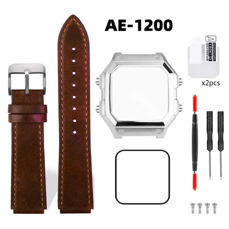 AE1200 Custodia Mod Kit per Casio 3299 AE-1200 AE-1200wh AE1300 Lunetta in vetro Acciaio inossidabile Pelle di vitello Cinturino per orologio vintage in pelle di vacchetta