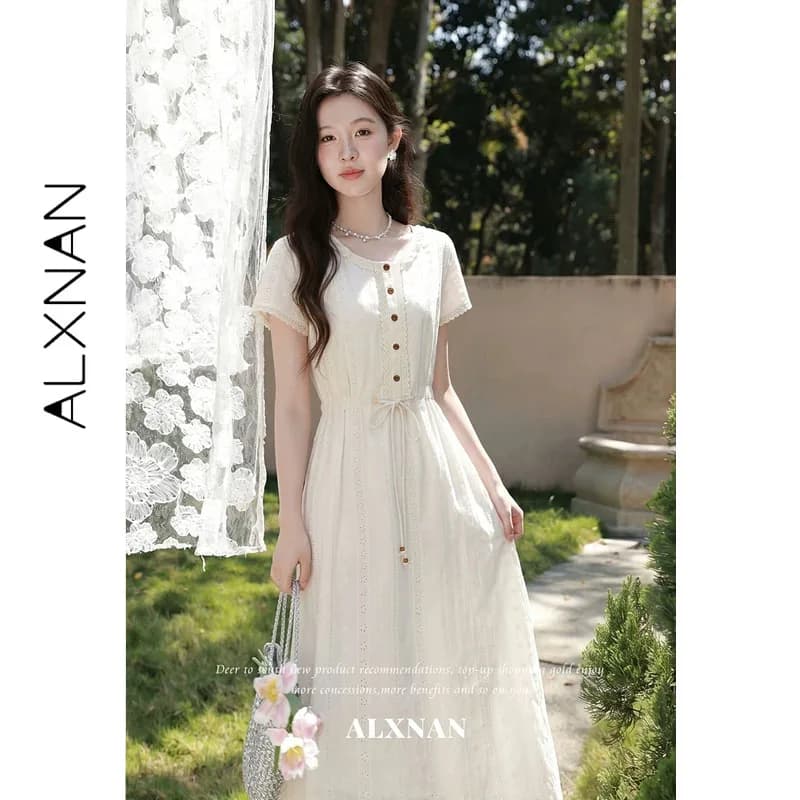 ALXNAN Women's Summer Long Dress 2026 Waist-Cinched Versatile Holiday Dresses Cotton 100% Embroidered Dress Female L66591A