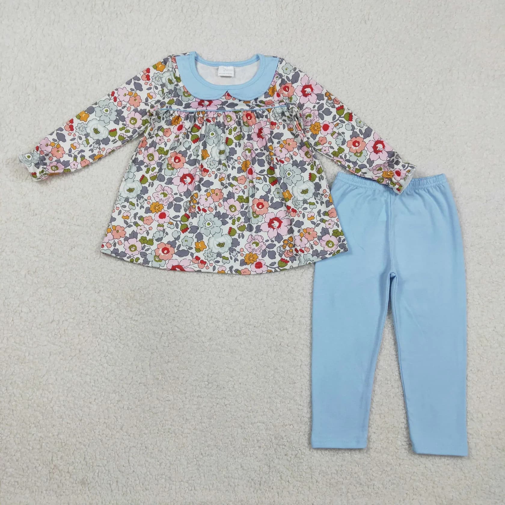 Set per Bambine con Tunica Floreale a Maniche Lunghe e Leggings Blu in Cotone, Abbigliamento per Neonati e Bambini
