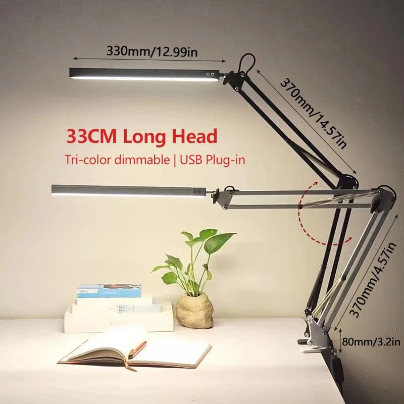 33 cm LED desk lamp Adjustable folding table lamp with double oscillating arm for eye care for dorm Studio Office Work lamp for architects Dimmable