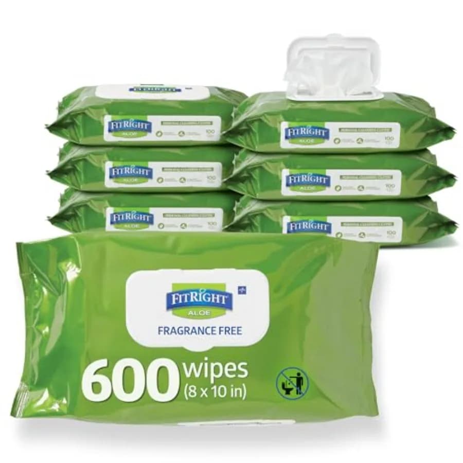 FitRight personal detergents with aloe, 8x10 inches, 600 pieces, body moisturizers for adults, bathroom and incontinence.