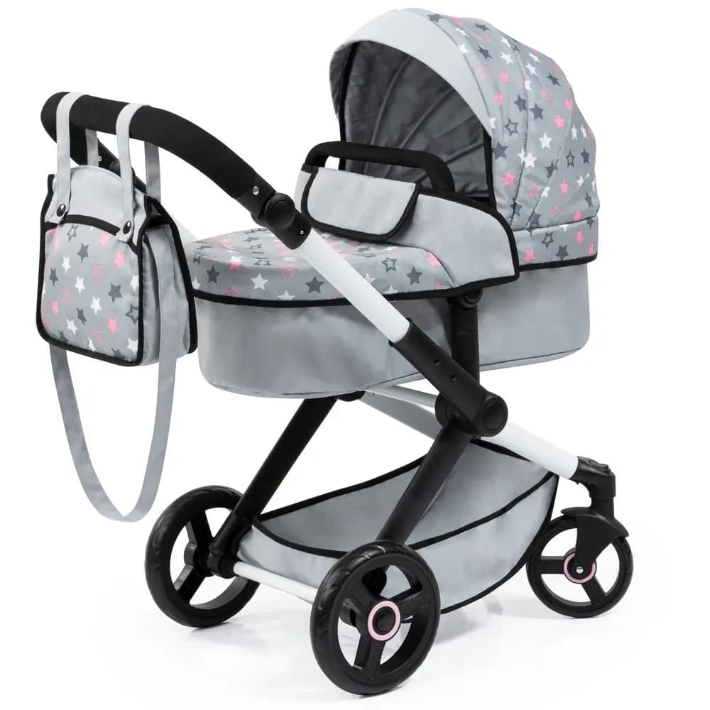 Passeggino per bambole Design Dolls Xeo Grigio, Rosa, Stelle, include borsa a tracolla, adatto per bambole fino a 18 pollici, convertibile in passeggino, maniglia regolabile