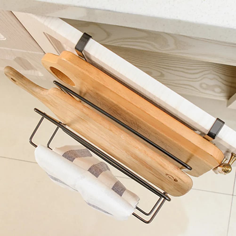 Double-Deck Wall Mount Cutting Board Rack Iron Tough PP Black Kitchen Cabinet Organizer Drip Tray Chopping Board Holder Towel