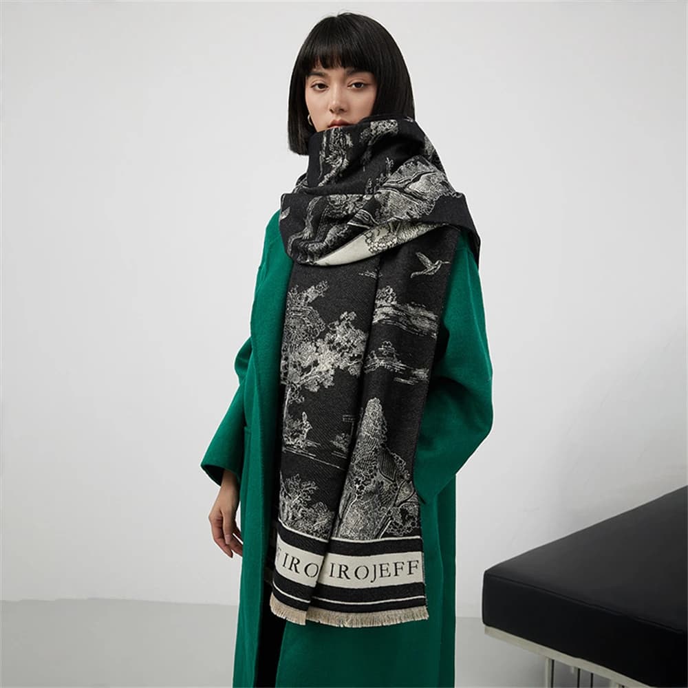Sciarpa da donna in cashmere con stampa paesaggistica, sciarpa lunga isolante e ispessita, con nappe e lettere, hijab, bufanda