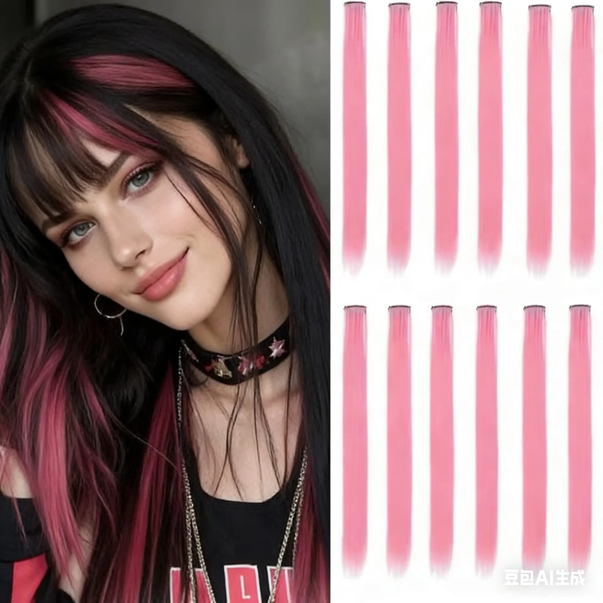 12 pezzi di extension per capelli sintetici neri con clip, extension colorate per feste, per ragazze e donne, lisci, 22 pollici