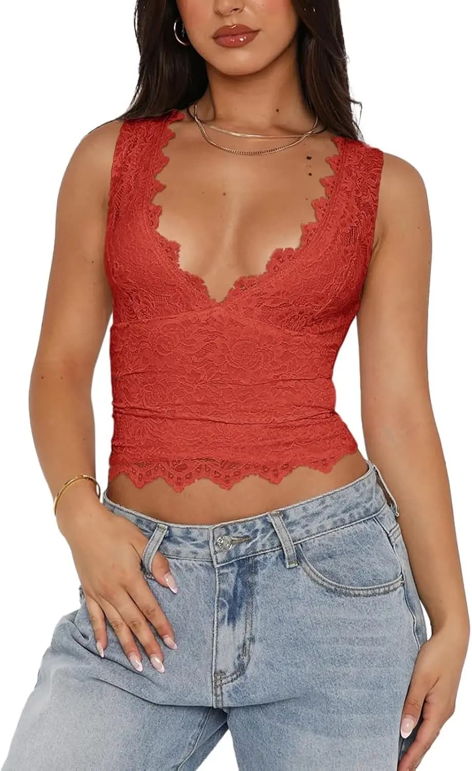 Top Corto da Donna Sexy con Scollo a V Senza Maniche, Doppio Strato, Stile Y2K Trendy in Pizzo