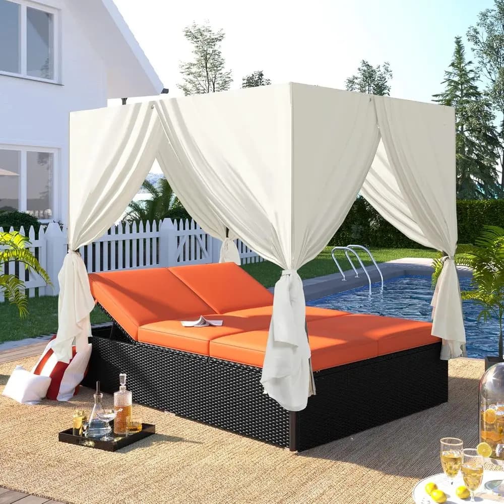 Exterior Cot in Orange Wickers with Retractable Sun Curtain and Side Curtains