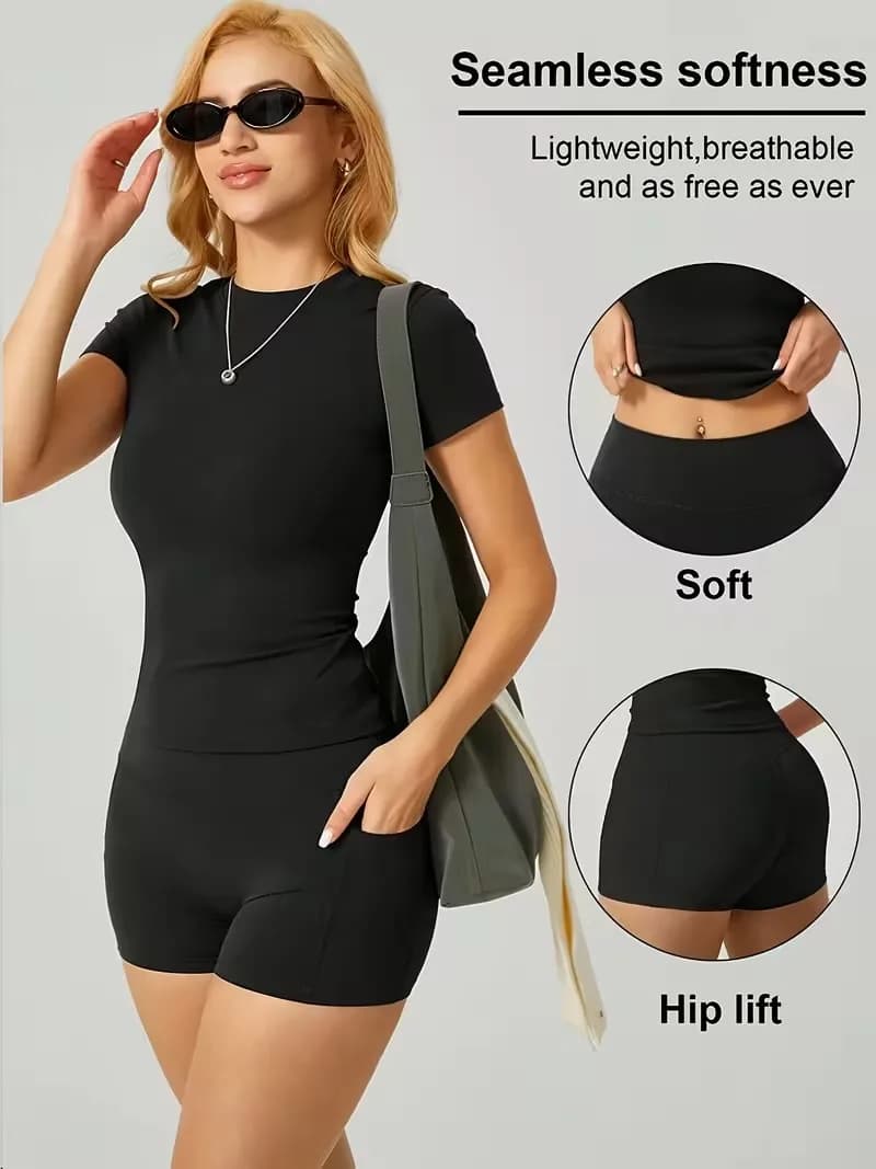 Completo Yoga da Donna 2 Pezzi, Outfit Estivo con Maglietta a Maniche Corte e Pantaloncini a Vita Alta, Abbigliamento Sportivo per Palestra e Fitness