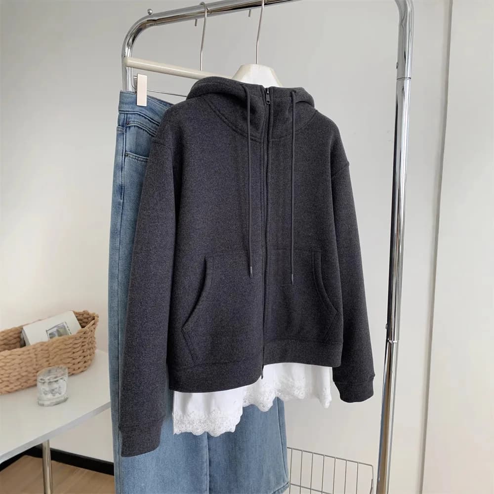 Giacca in felpa pesante e ispessita grigio scuro da donna, elegante, casual, calda, versatile, versione coreana per la primavera.