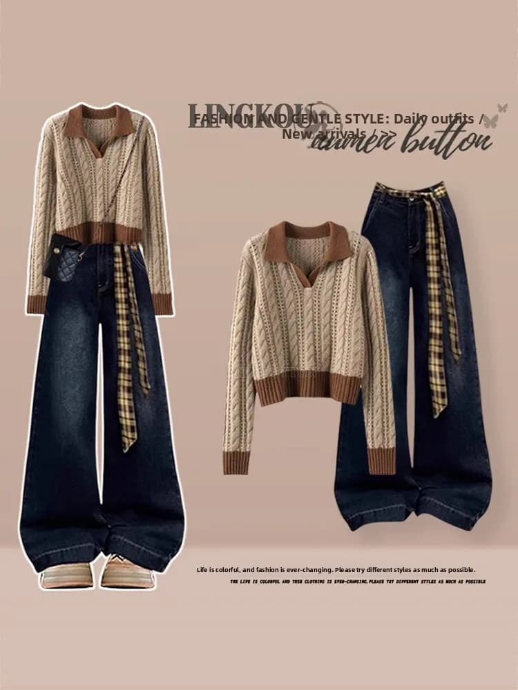 Fashionable Knitted Sweater And Loose Jeans Two-Piece Set for Women Vintage Style Autumn Collection Comfortable High Waist De...